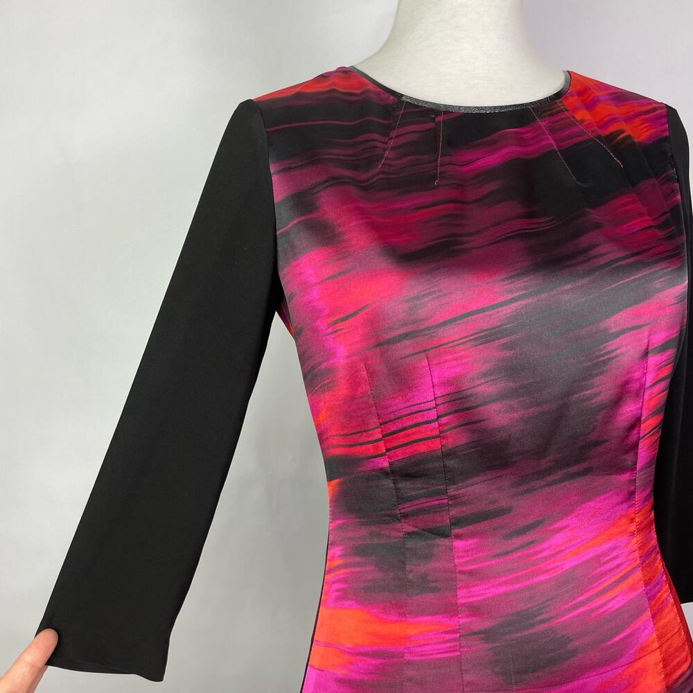 T Tahari | Skyler Pink Orange Watercolor Soft Satin 3/4 Sleeve Sheath Dress - Picture 6 of 13